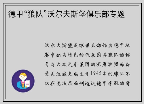 德甲“狼队”沃尔夫斯堡俱乐部专题